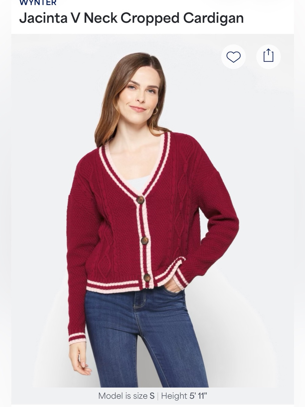 Jacinta V-Neck Cropped Cardigan - Burgundy/Cream XL